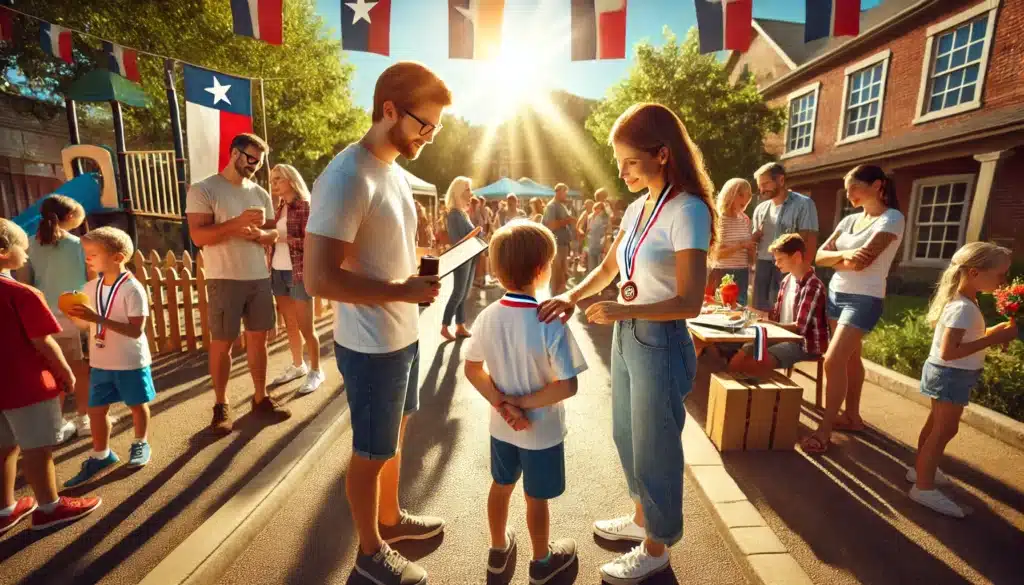A wide-angle, photo-realistic cinematic image of parents navigating school activities together under joint managing conservatorship in Texas. The scene captures two parents standing together at a school event, such as a sports day or science fair, on a bright summer day. Both parents are engaged with their child, who is excitedly showing them a project or holding a sports medal, symbolizing joint involvement in school activities. Other children and families are visible in the background, adding to the lively school event atmosphere. Sunlight fills the scene, with a few Texas flags and warm summer greenery emphasizing the setting.