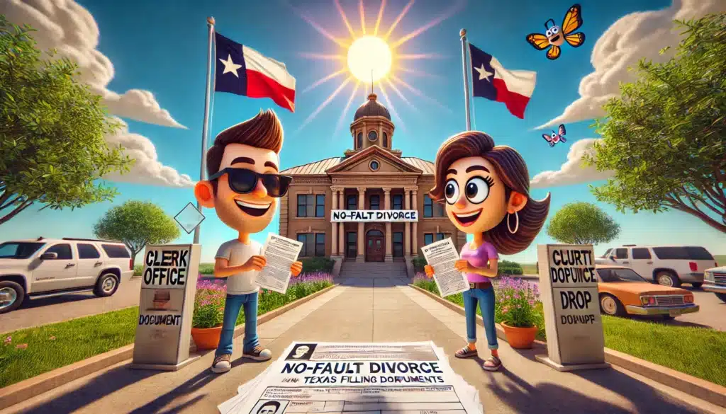 A cartoon depiction of the filing process for a no fault divorce in Texas.