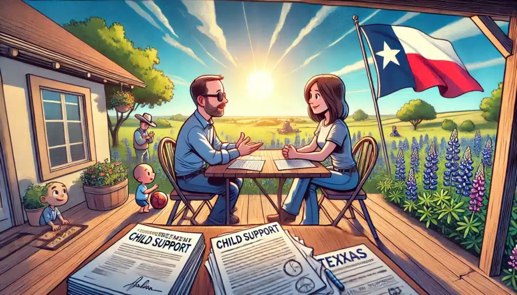 A cartoon illustrating the agreement process between parents regarding child support.