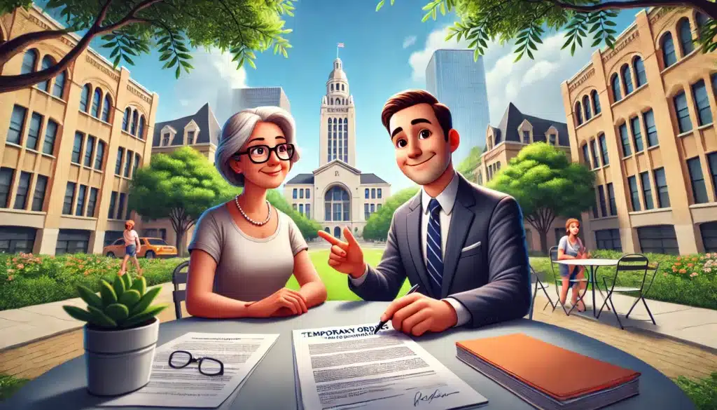 A cartoon representation of a temporary orders attorney assisting a client in West University, Houston.