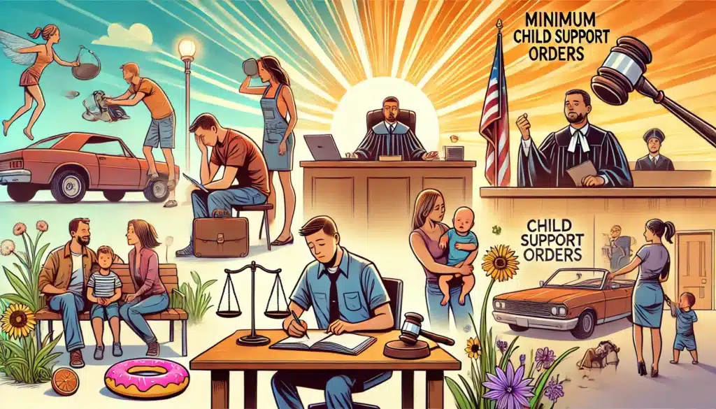 A cartoon showing various situations that may lead to minimum child support orders.