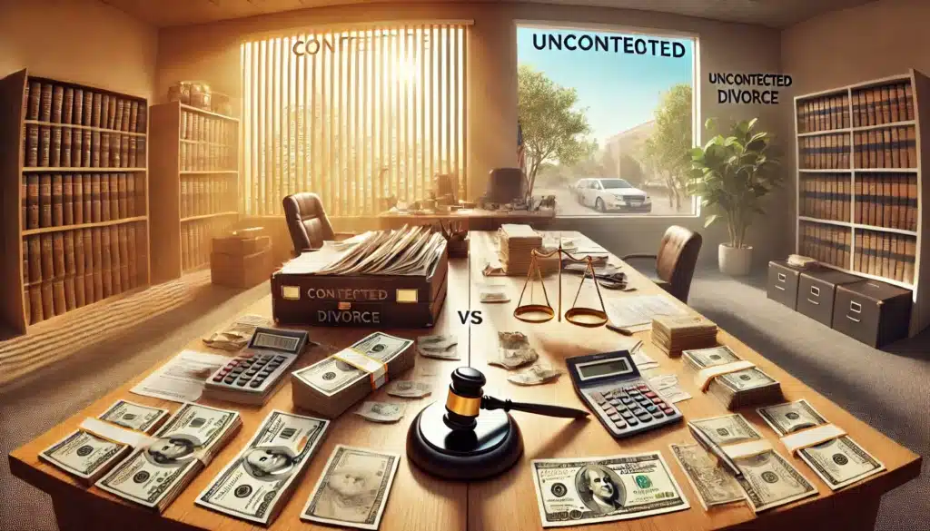 A comparative illustration of contested vs. uncontested divorce costs, highlighting the differences.