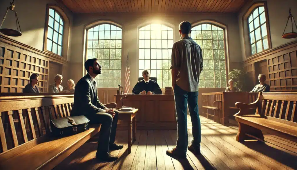 A courtroom scene depicting a parent seeking modifications to a visitation order.