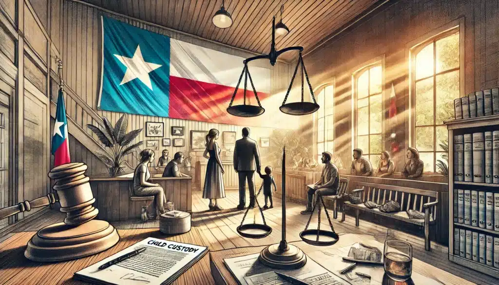 A drawing showing the concepts of child custody and support during a divorce in Texas.