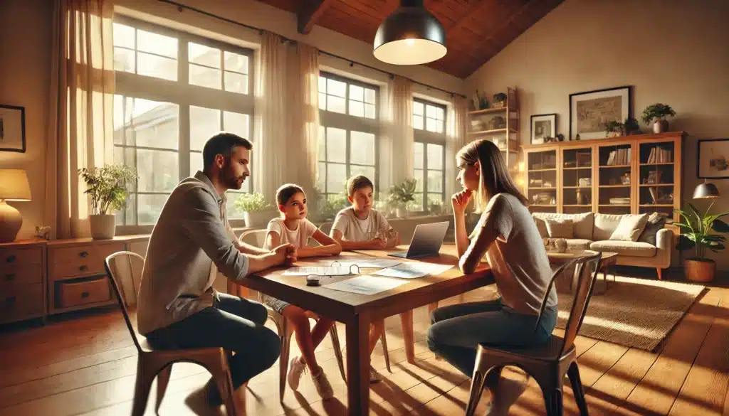 A family discussing and planning their custody arrangements at a table.