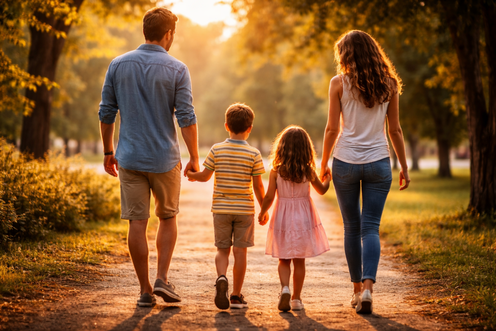 A family of four is walking hand in hand, symbolizing unity and hope as they embark on a new beginning together. This image captures the essence of support and togetherness, reflecting the importance of family during times of change, such as navigating divorce and custody arrangements.