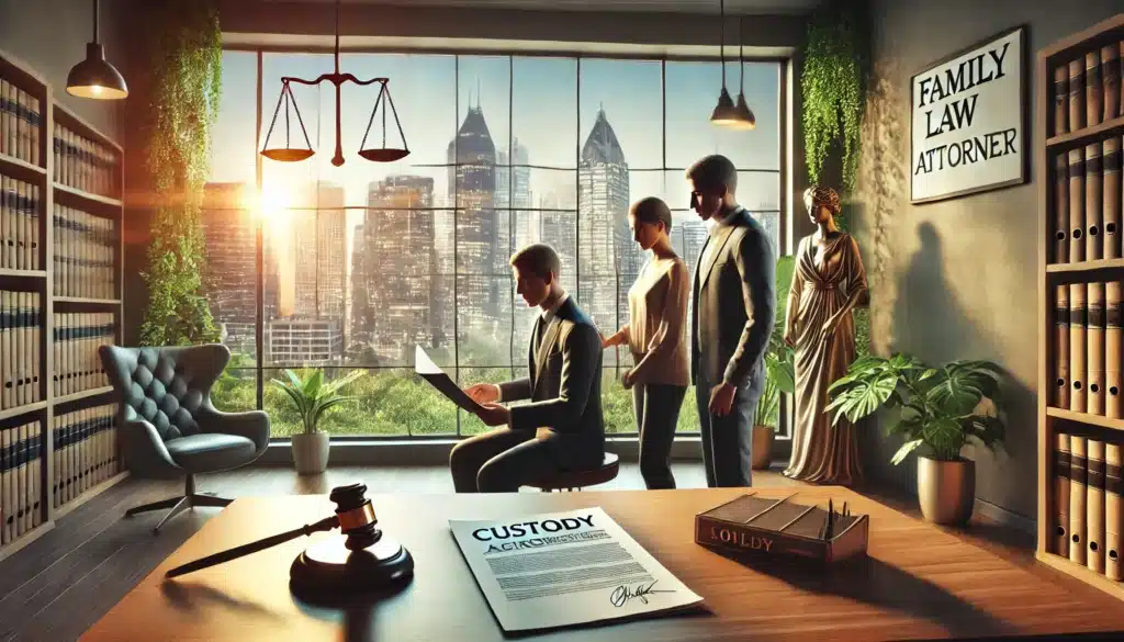 An artistic representation of consulting with an experienced family law attorney regarding custody agreements.