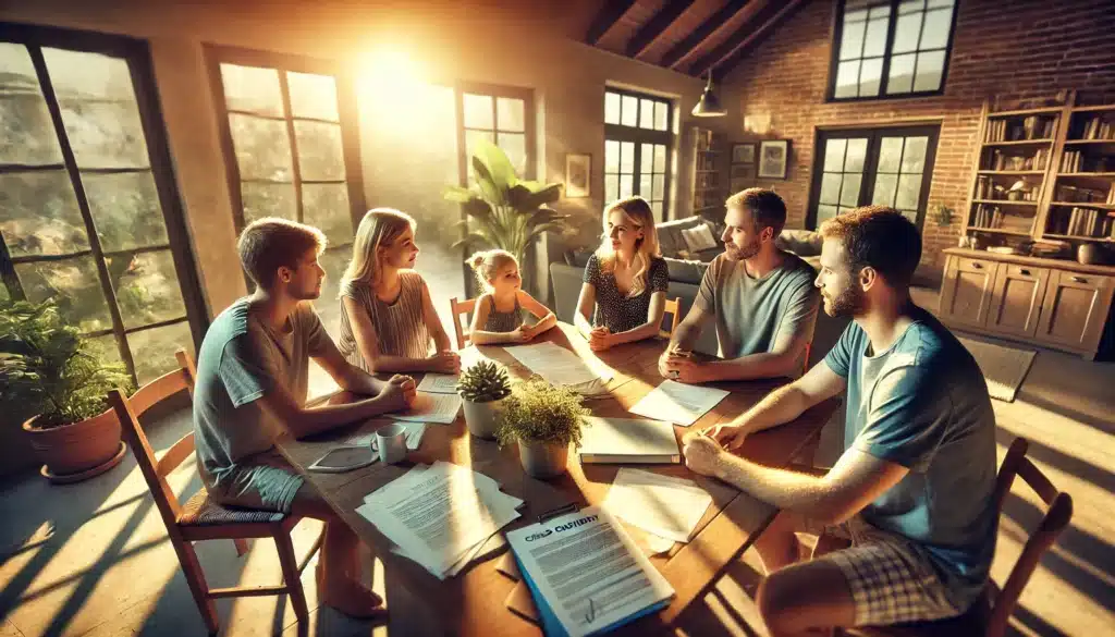 An illustration depicting a family discussing child custody agreements, highlighting the right of first refusal in Texas custody.