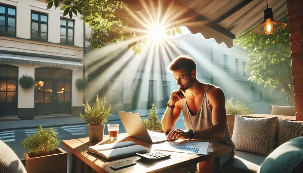 An illustration depicting a person assessing their financial situation discreetly, symbolizing the critical steps needed for a divorce.