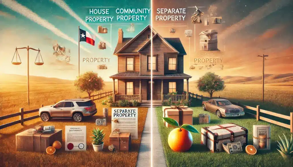 An illustration depicting the basics of property settlement in Texas divorce, highlighting community and separate property.