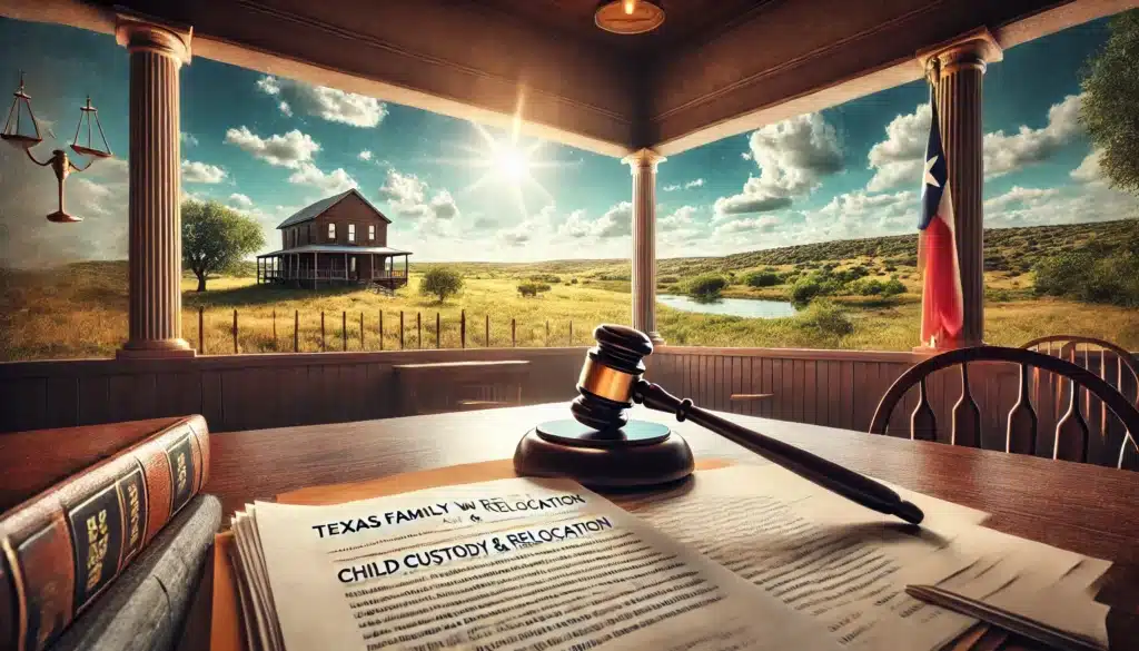 An illustration depicting the concept of Texas family law relocation, highlighting child custody and relocation laws.