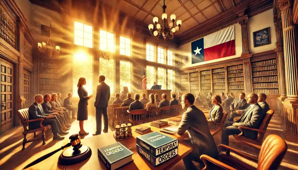 An illustration depicting the concept of temporary orders in Texas divorce, including elements like family law and court hearings.