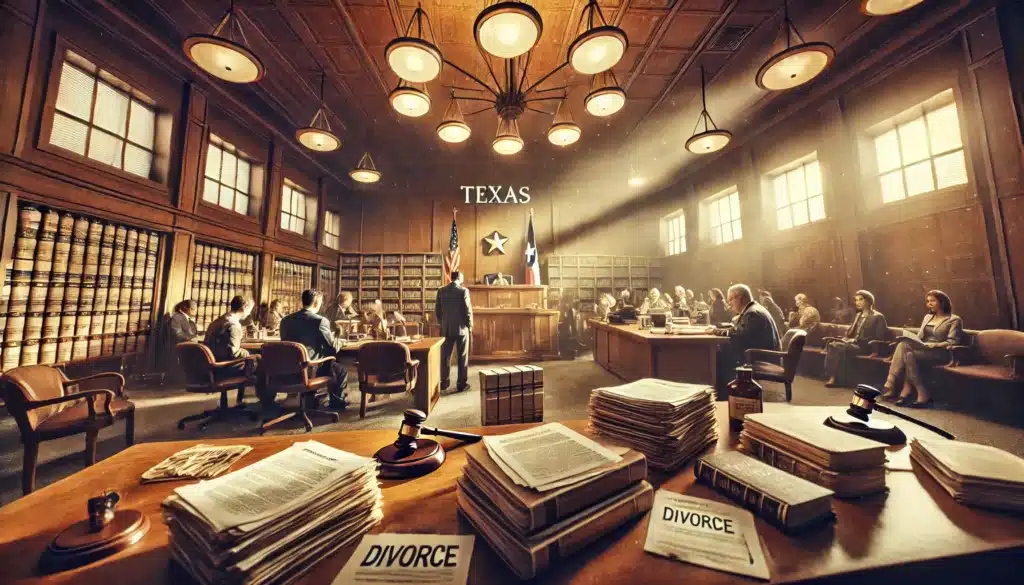 An illustration depicting the divorce process in Texas, showing various legal documents like divorce papers and a courtroom setting.