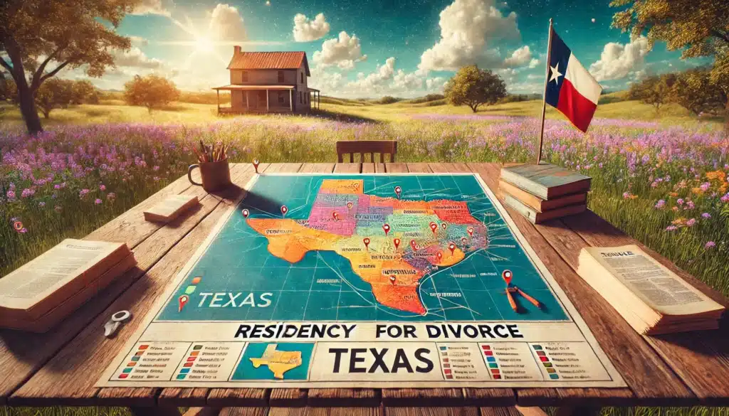 An illustration depicting the residency requirements for divorce in Texas.