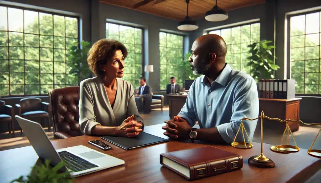 An illustration depicting the role of a family law attorney during a divorce, with a client discussing their case.