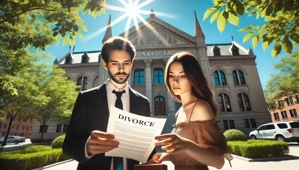 An illustration of a couple initiating the divorce process, with documents and a family court building in the background.