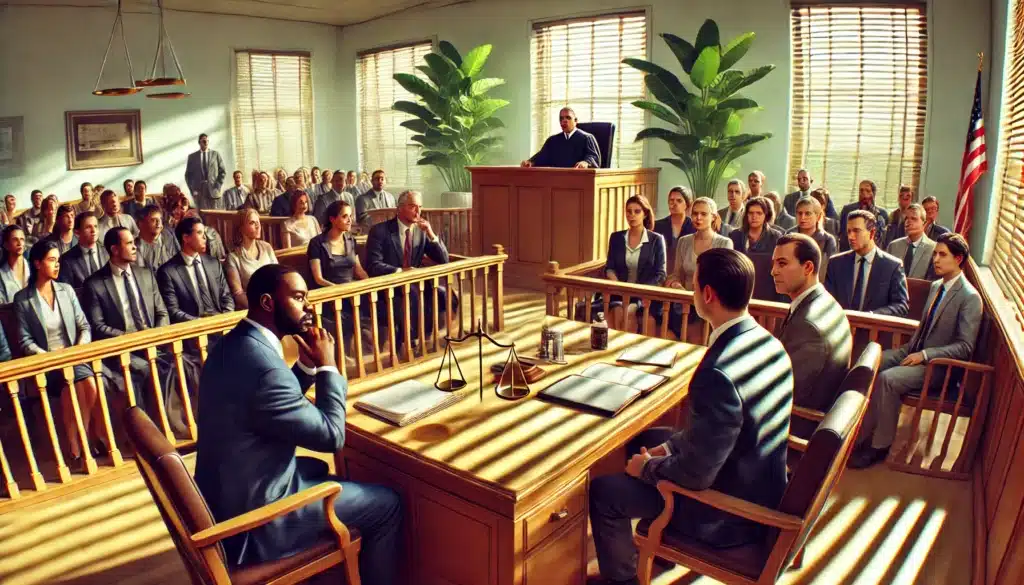 An illustration of a courtroom hearing, featuring a judge, attorneys, and a couple discussing their divorce case.