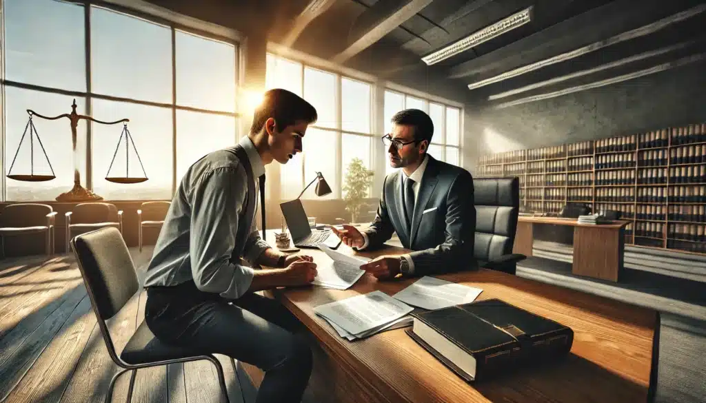 An illustration of a family law attorney assisting a client in a legal setting related to parental alienation.