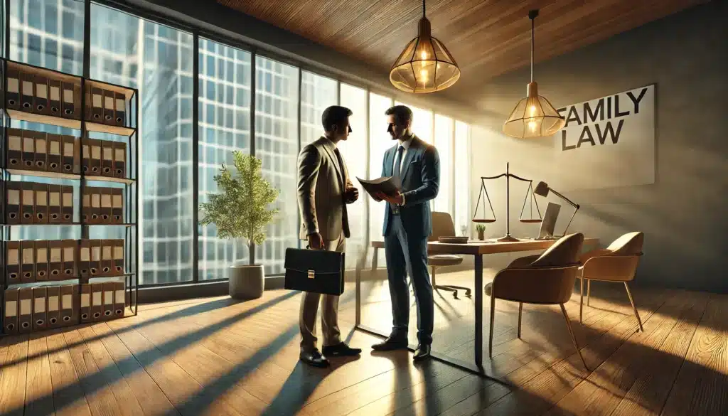 An illustration of a family law attorney discussing options with a father, showcasing the importance of legal counsel.