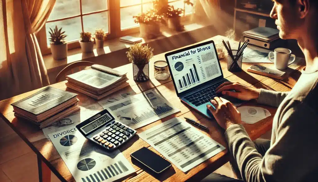 An illustration of a person creating a financial plan for divorce, with various financial tools and charts displayed.