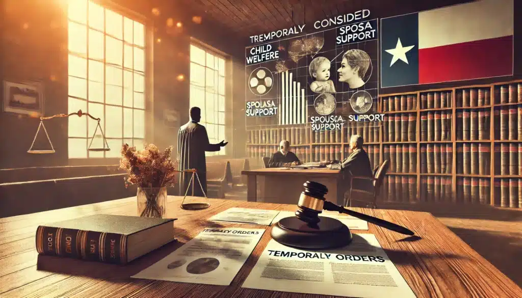 An illustration of factors courts consider when issuing temporary orders, highlighting aspects like child welfare and spousal support.