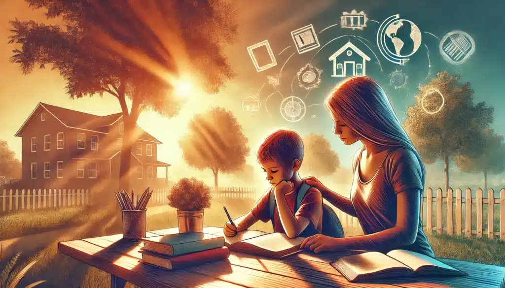 An illustration of practical tips for supporting a child's education during divorce.
