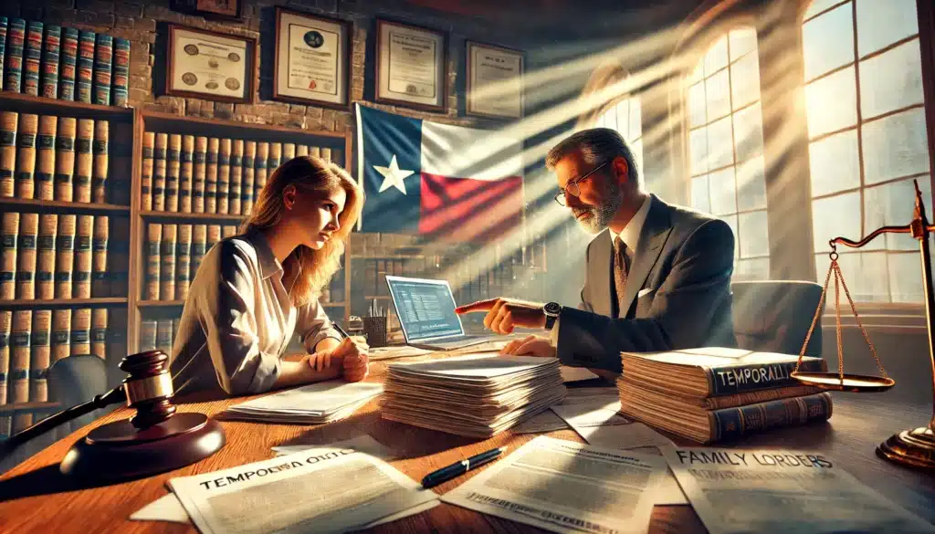 An illustration of the process of  featuring legal documents and a family law attorney.