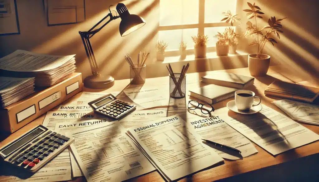 An illustration of various essential documents being gathered for a divorce, including financial papers and legal forms.