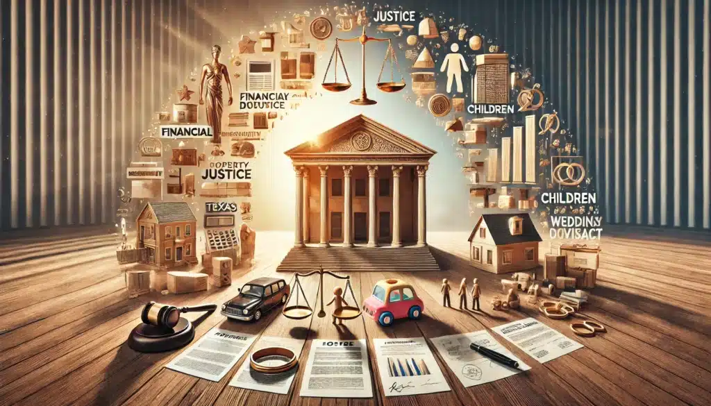 An illustration of various factors Texas courts consider in property division during a divorce.