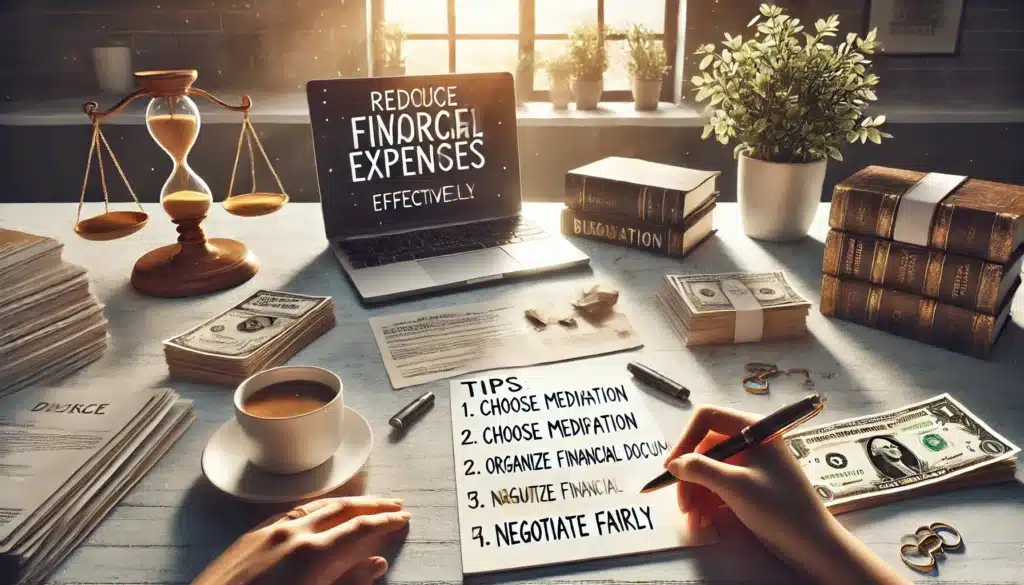 An illustration providing tips on how to manage and reduce divorce expenses effectively.
