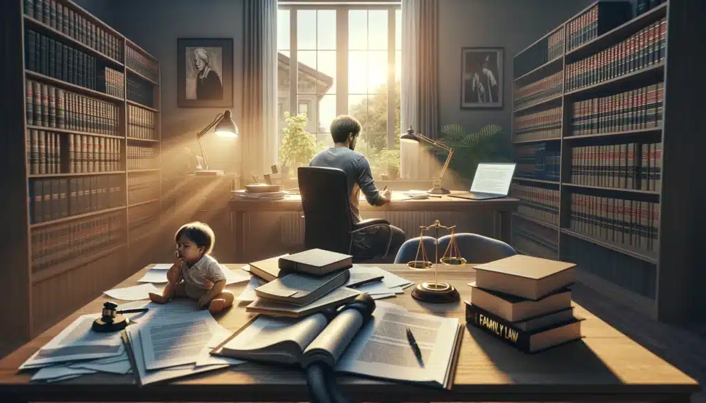 An illustration showing a parent preparing for court in a case, emphasizing the legal process involved.