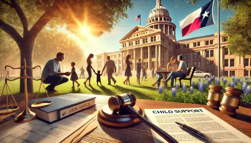 An illustration showing different aspects of child support in Texas.