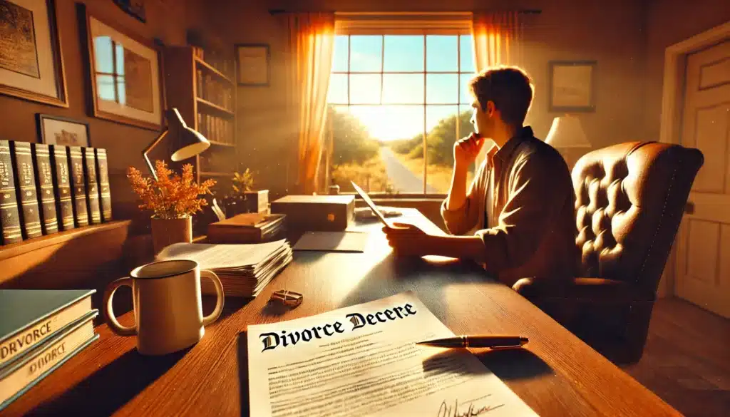 An illustration showing the finalization of a divorce with a divorce decree.