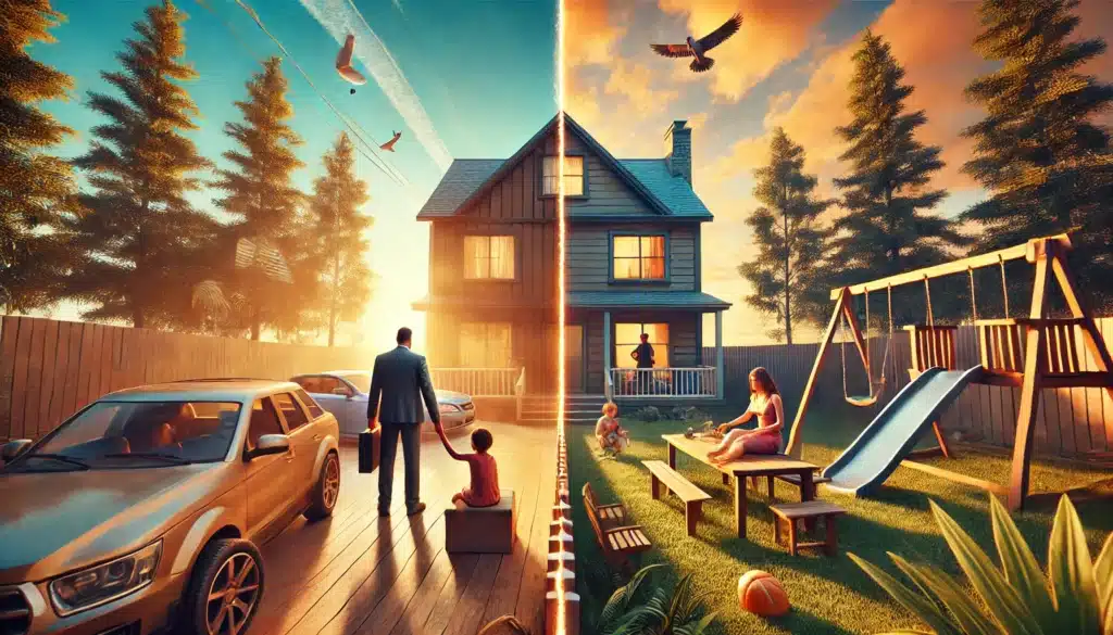 An illustration showing the impact of divorce on property division and child custody.