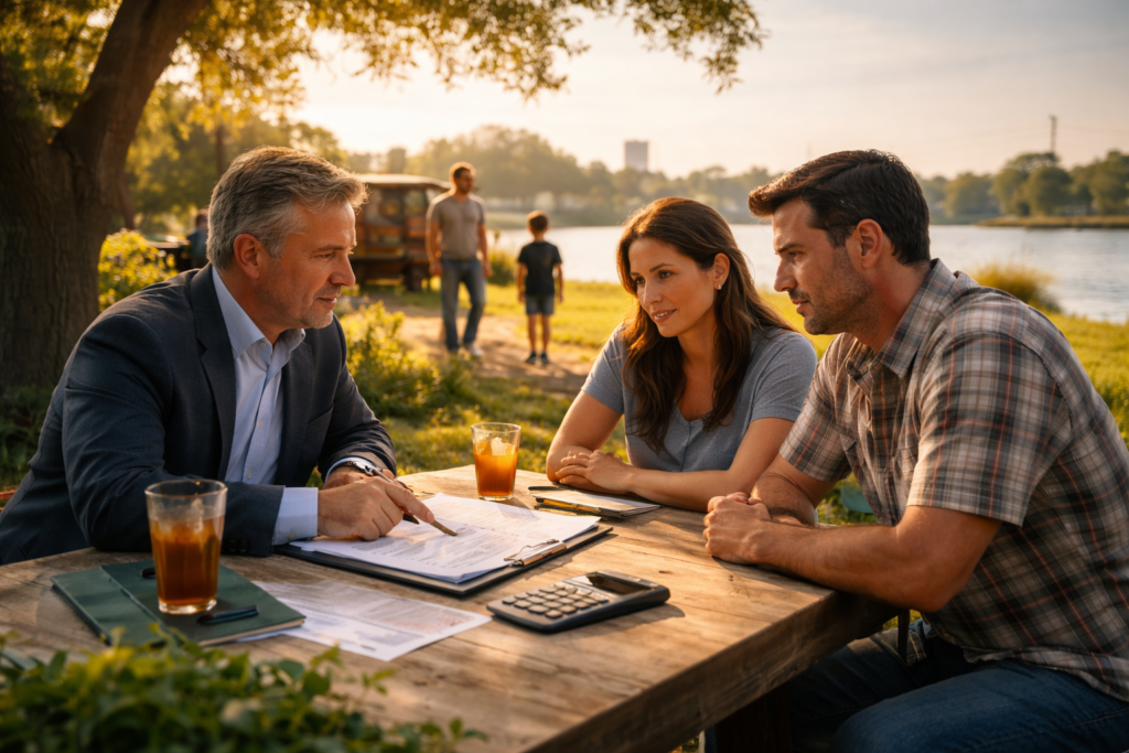 Parents sit with a mediator at an outdoor table during a calm summer child support mediation, discussing documents while children play nearby, symbolizing cooperative Texas family law negotiation.