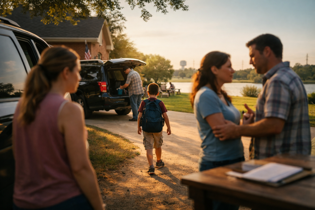 Parents exchange a child during a calm summer custody handoff, reflecting family transitions and child support mediation in Texas