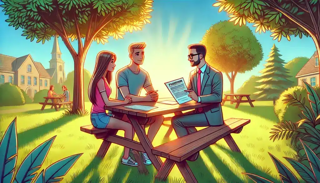 Cartoon showing a family law attorney consulting with parents about custody rights.