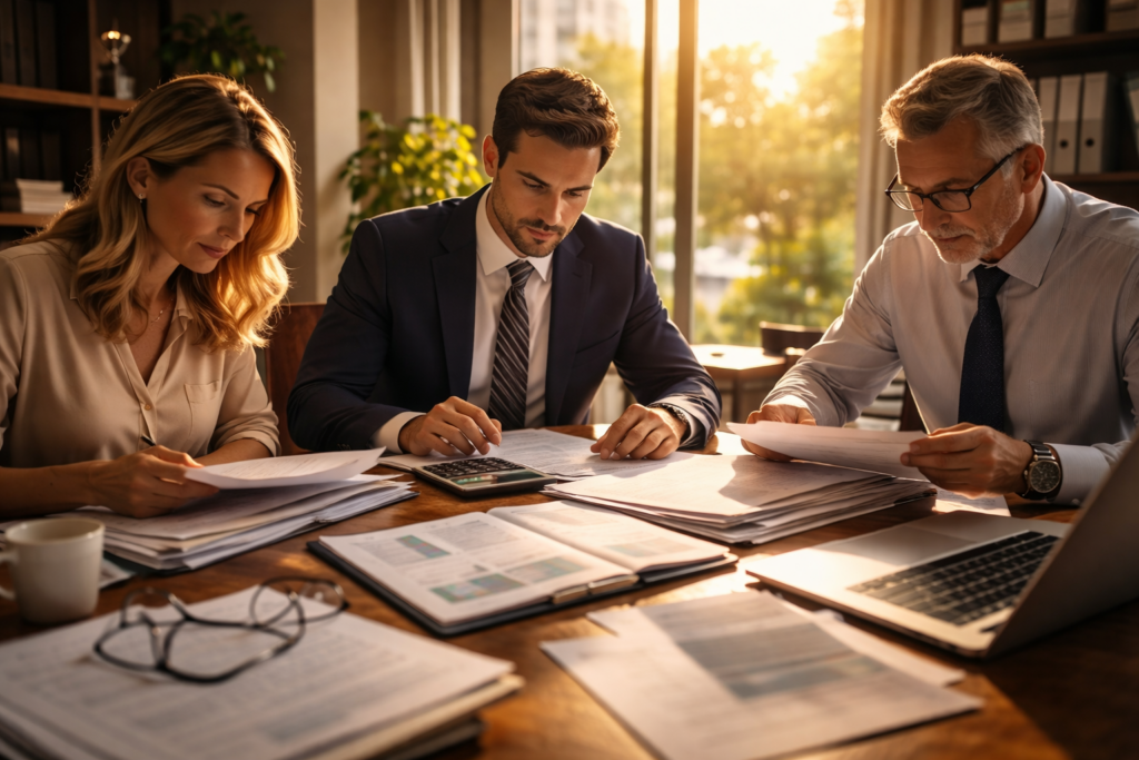 Three legal professionals reviewing financial documents and evidence during the discovery phase of a contested Texas divorce in a sunlit office