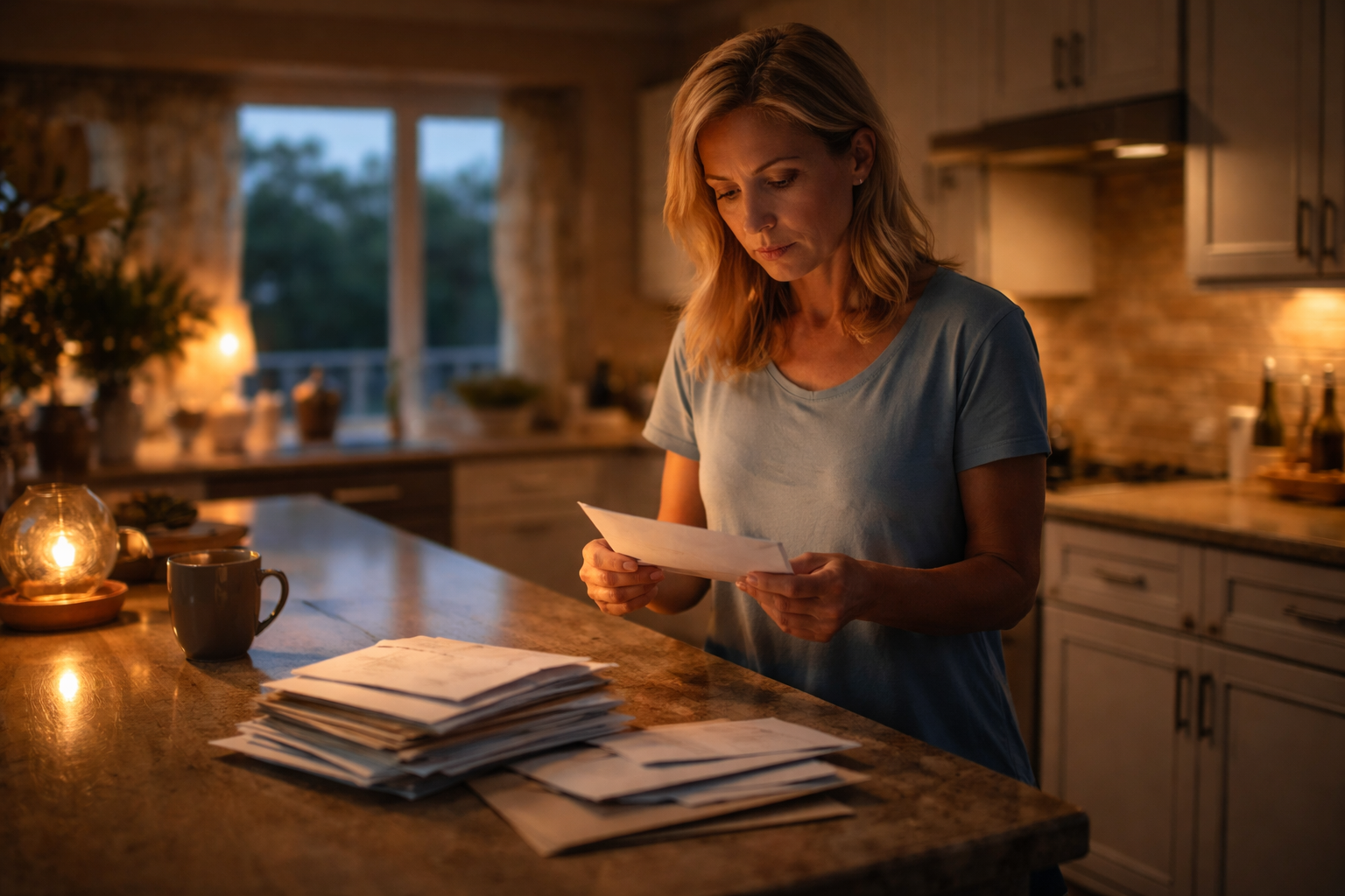 A Texas parent standing in a quiet kitchen at night reviewing mail, reflecting uncertainty during divorce and pension division decisions