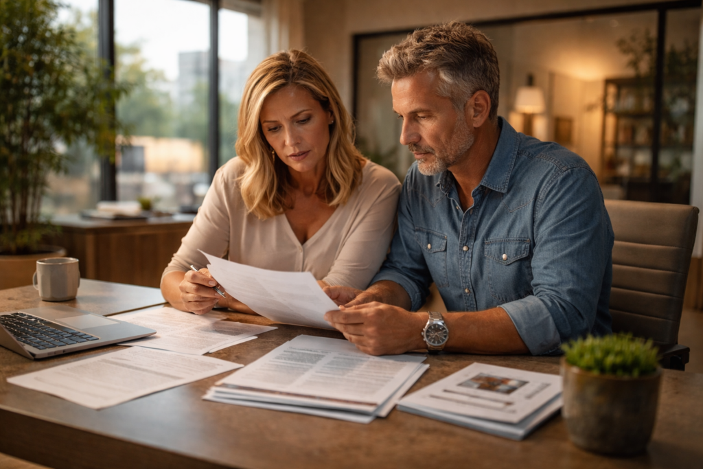 A professional couple sits at a modern office desk, reviewing important retirement documents related to their divorce proceedings. They are discussing the division of pension benefits, including the qualified domestic relations order and the implications for their retirement plans.