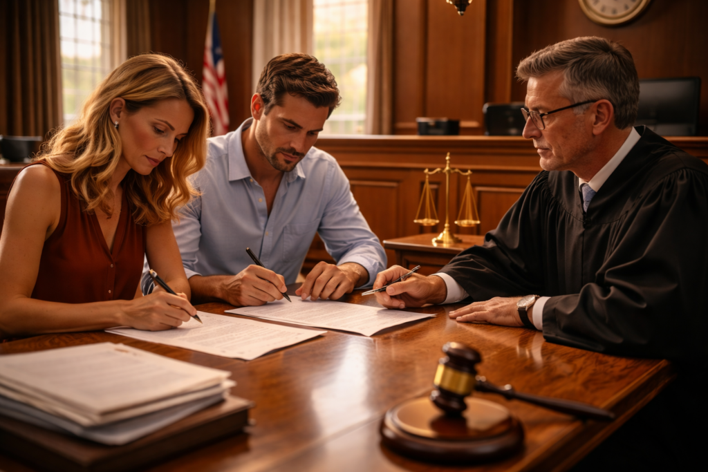 Couple signing Final Decree of Divorce in Texas courtroom with judge overseeing proceedings at sunset