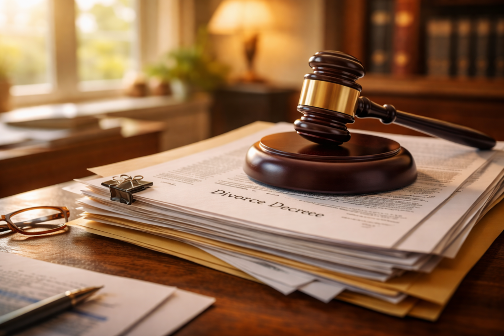 The image shows a judge's gavel resting on a stack of legal documents, symbolizing the court's authority in family law cases such as divorce and child support. The documents may include essential court forms and instructions for filing, reflecting the legal processes involved in Texas uncontested divorce cases.