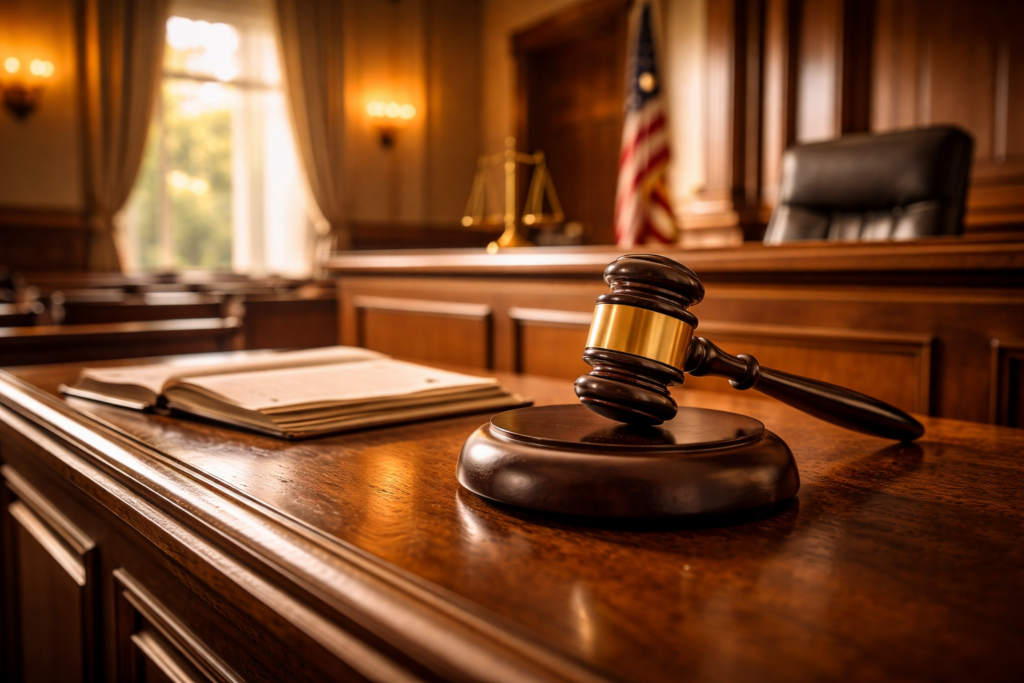 A gavel rests on a judge's bench in a courtroom, symbolizing the authority of the court in family law cases, including contested and uncontested divorces in Texas. The setting reflects the legal process involved in matters such as child custody, property division, and spousal support.
