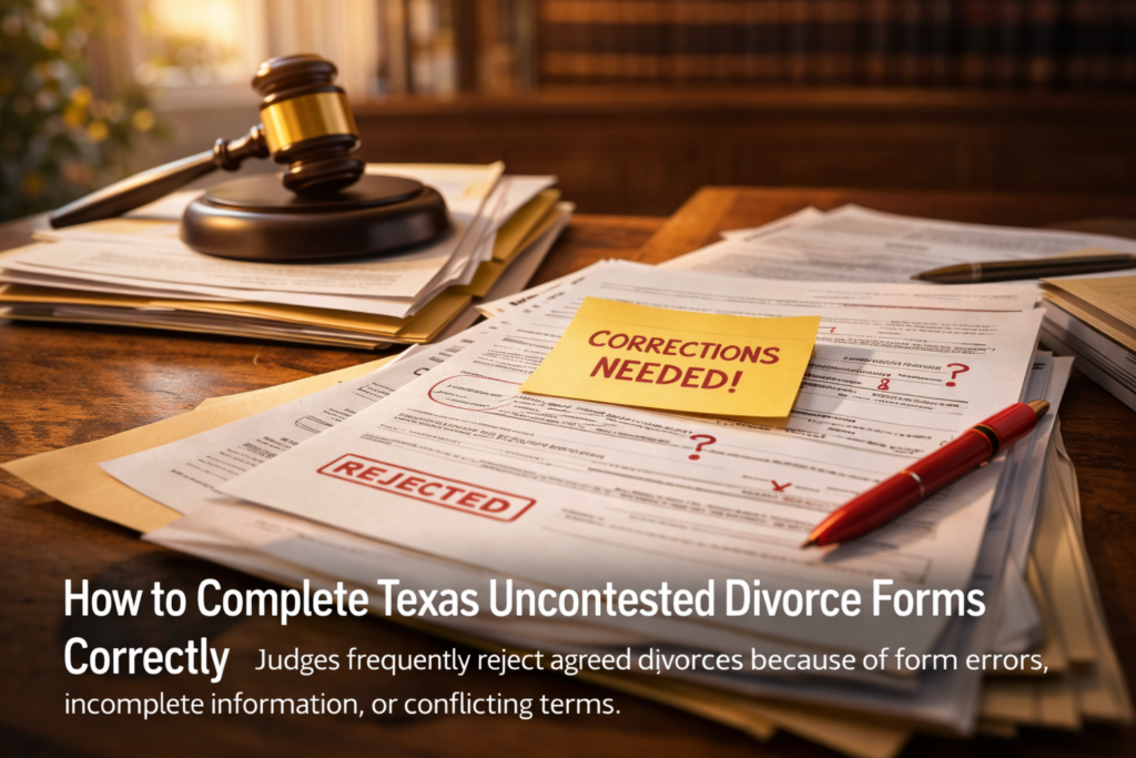 A stack of Texas uncontested divorce forms marked with corrections and a “Rejected” stamp sits on a wooden desk with a judge’s gavel and red pen nearby, symbolizing common paperwork errors that cause delays in agreed divorces.