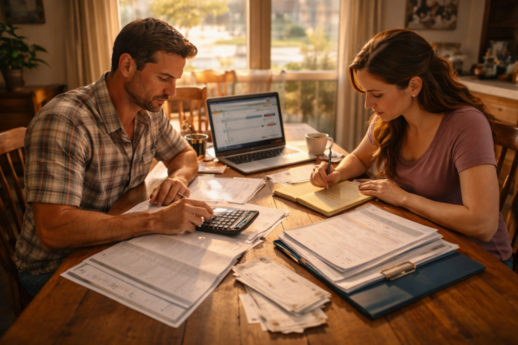 Parents review financial documents at a kitchen table while preparing for Texas child support mediation, calculating income and expenses together in a calm summer setting.