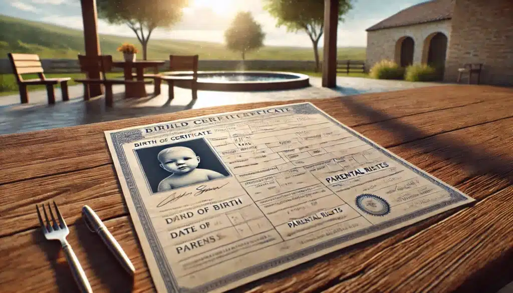 Illustration of a child's birth certificate highlighting parental rights in Texas.