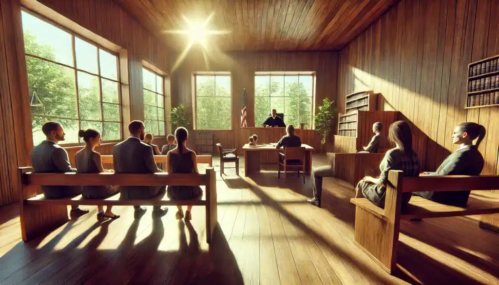 Illustration of a courtroom scene where custody decisions are being made.