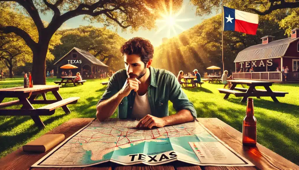 Illustration of a parent considering how far they can move with joint custody in Texas.