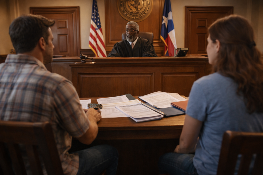 Parents sit before a Texas judge reviewing child support documents in a courtroom, illustrating the legal limits and court oversight involved in negotiating child support agreements in Texas.