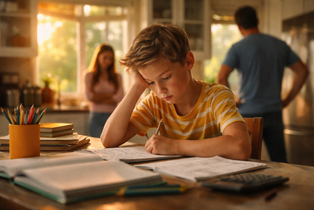 Child doing homework at kitchen table during parents’ divorce dispute in Texas home